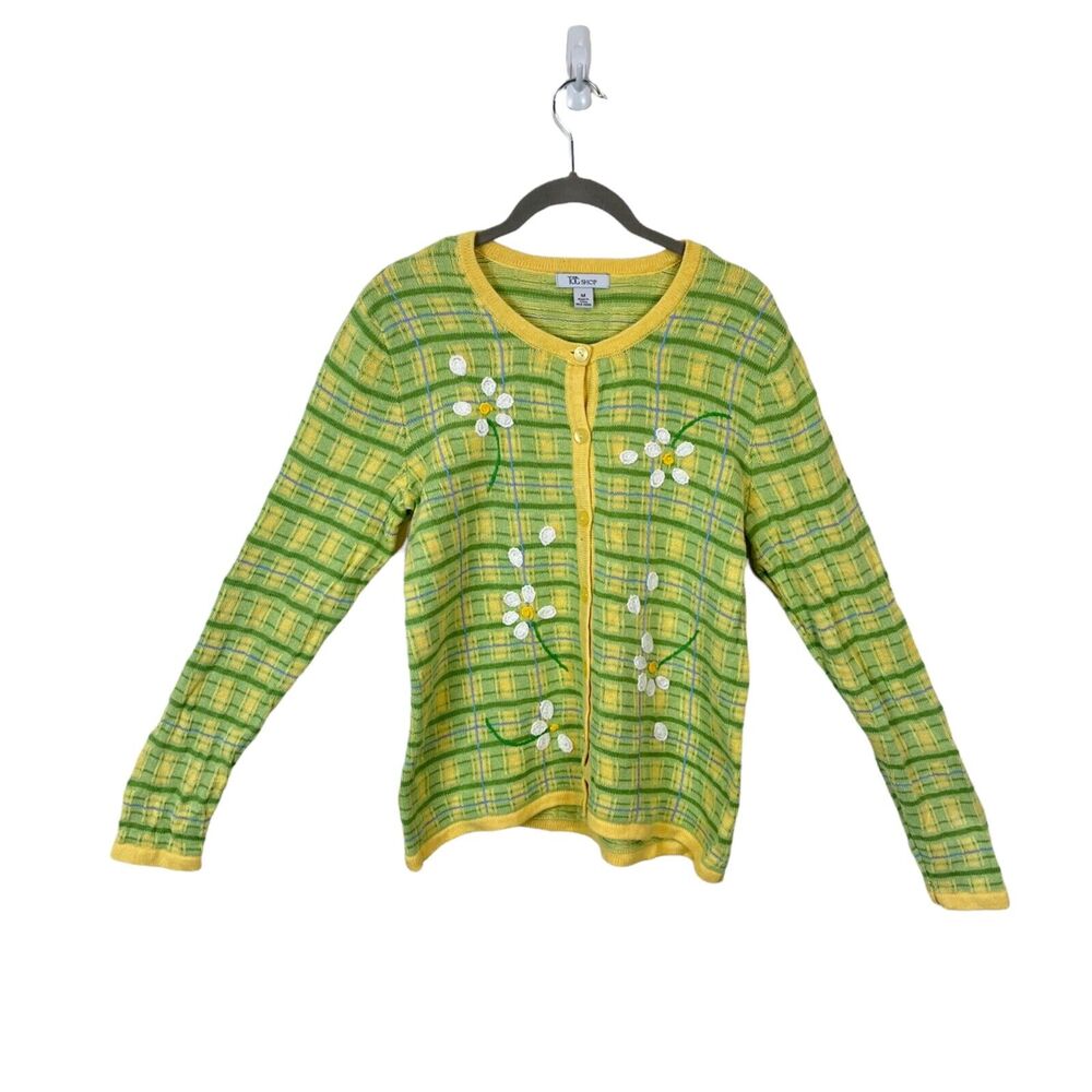 Spring Cardigan Sweater Green Yellow THE TOG SHOP Floral Daisy Plaid Button Med